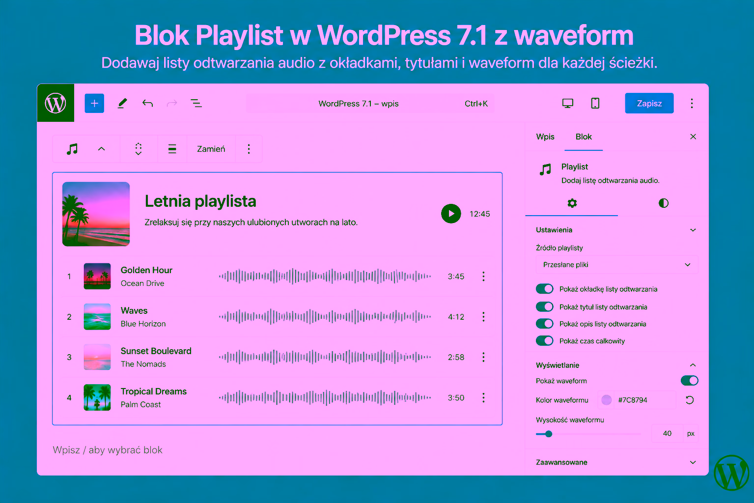 Blok Playlist w WordPress 7.1