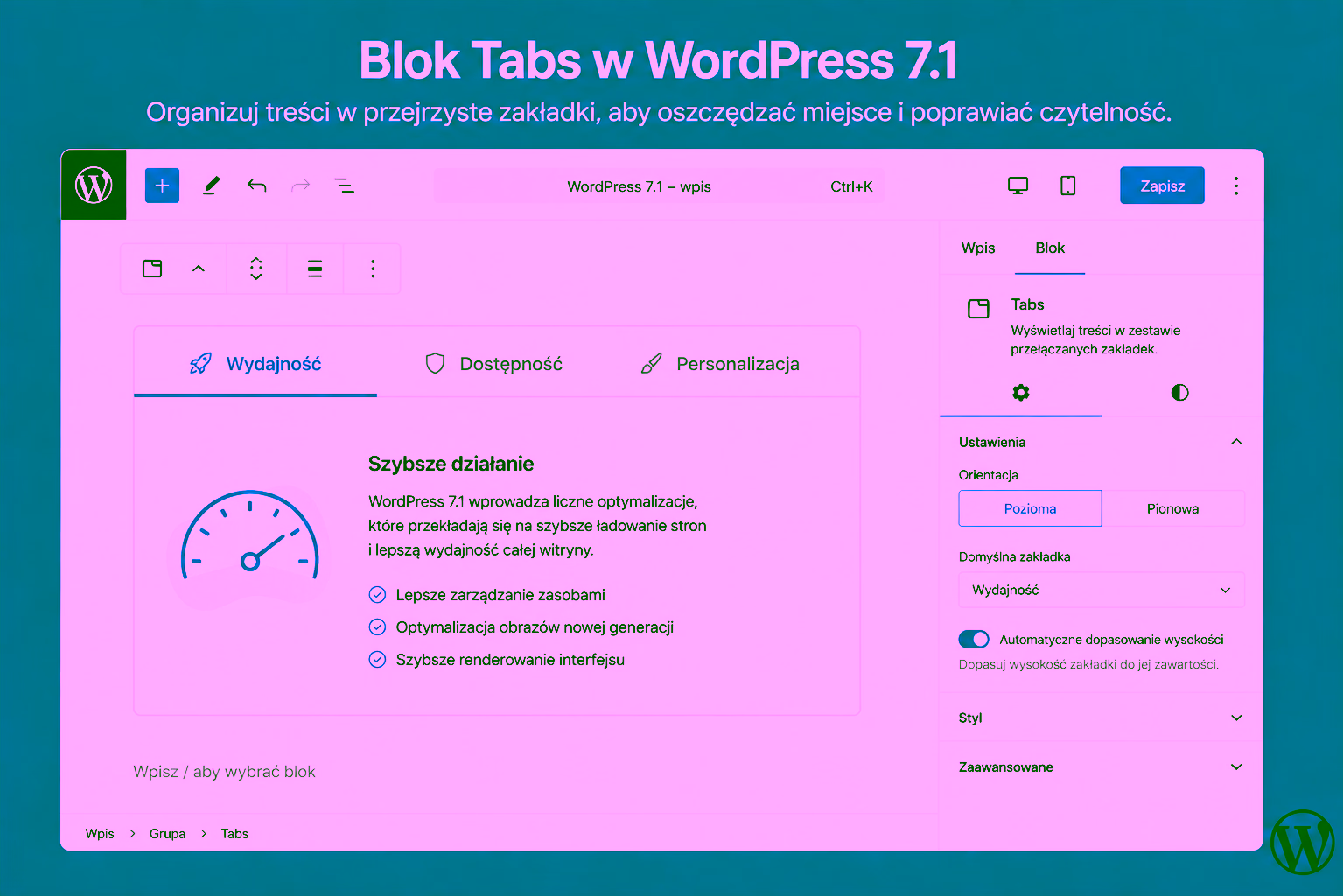 Blok Tabs w WordPress 7.1