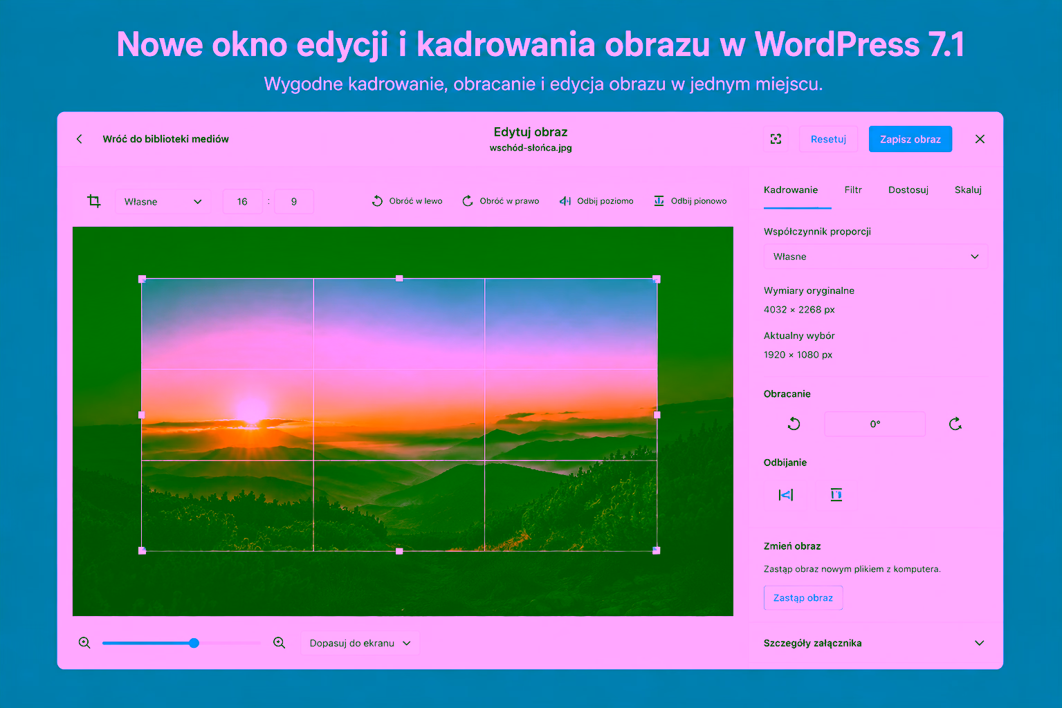 Nowe okno edycji i kadrowania obrazów w WordPress 7.1