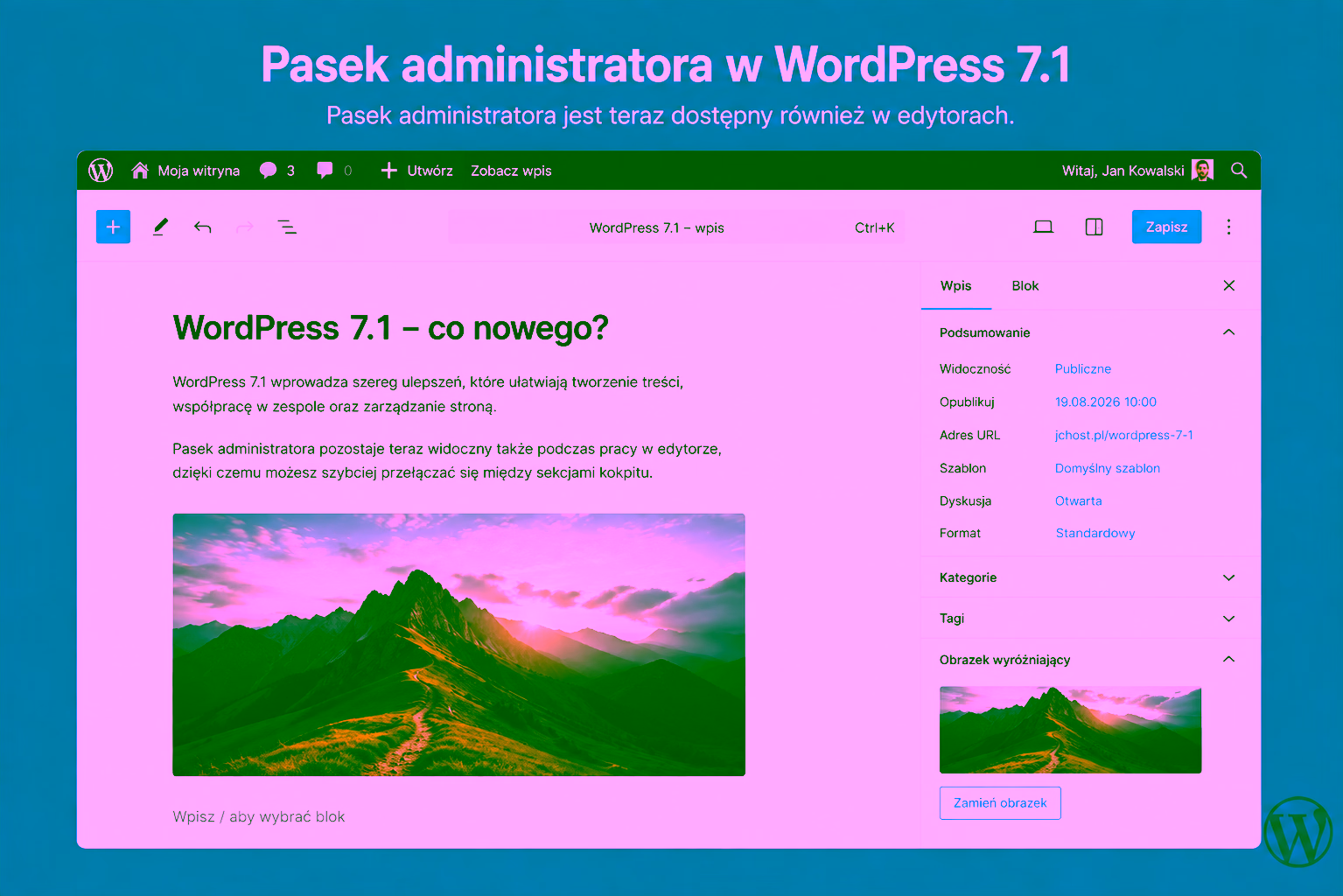 Pasek administratora w edytorze WordPress 7.1