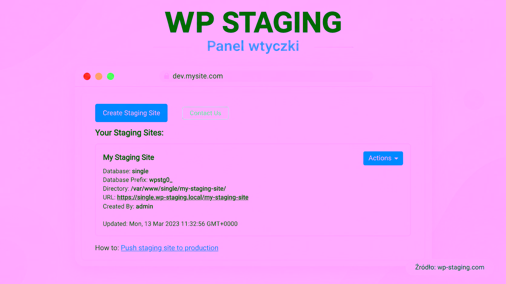Panel wtyczki WP STAGING z przyciskiem tworzenia środowiska testowego i listą istniejących kopii WordPressa