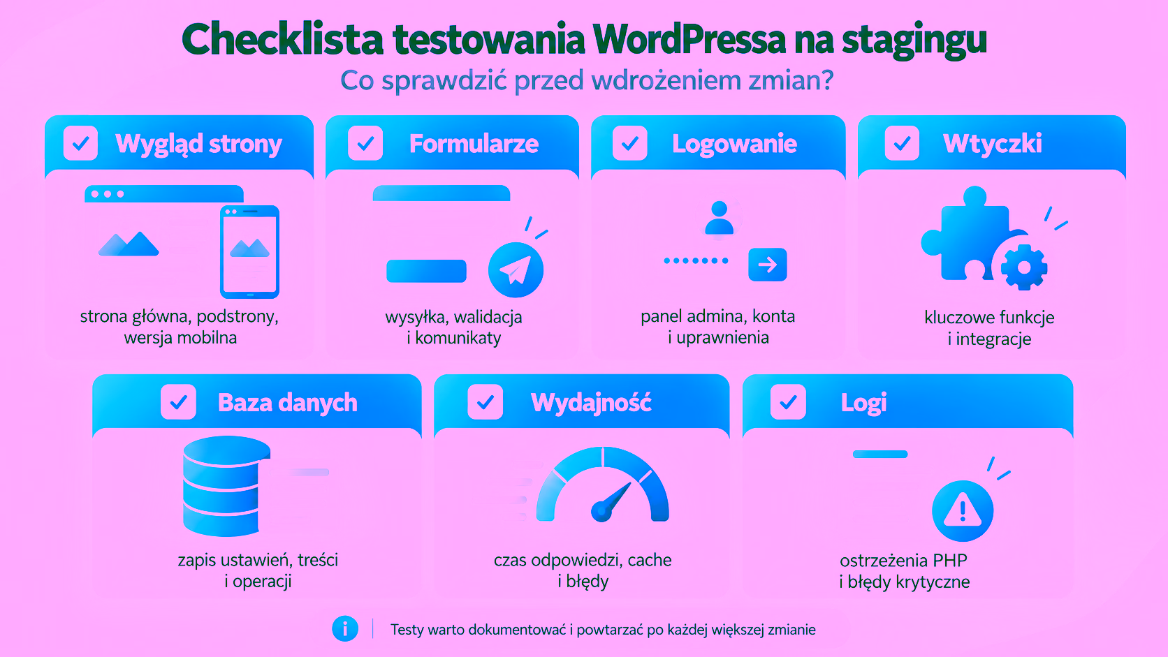 Lista elementów do sprawdzenia podczas testowania zmian na stagingu WordPress, obejmująca wygląd, formularze, logowanie, wtyczki, bazę danych, wydajność i logi